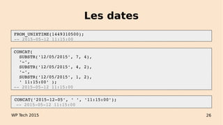 Les dates
 CONCAT( 
   SUBSTR('12/05/2015', 7, 4), 
   '­',
   SUBSTR('12/05/2015', 4, 2), 
   '­',
   SUBSTR('12/05/2015', 1, 2), 
   ' 11:15:00' );
 ­­ 2015­05­12 11:15:00
 FROM_UNIXTIME(1449310500);
 ­­ 2015­05­12 11:15:00
 CONCAT('2015­12­05', ' ', '11:15:00');
­­ 2015­05­12 11:15:00
WP Tech 2015 26
 