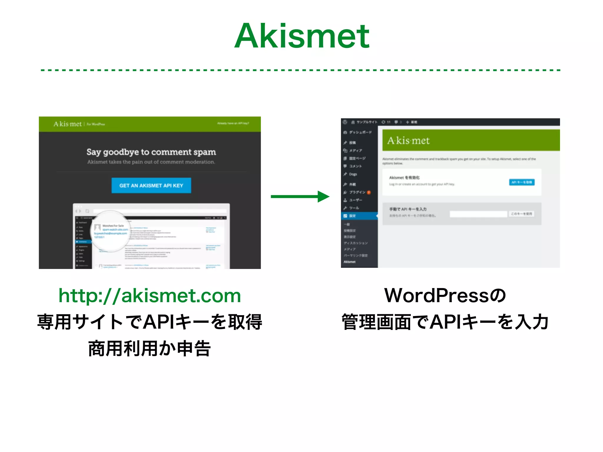Akismet
http://akismet.com
専用サイトでAPIキーを取得
商用利用か申告
WordPressの
管理画面でAPIキーを入力
 