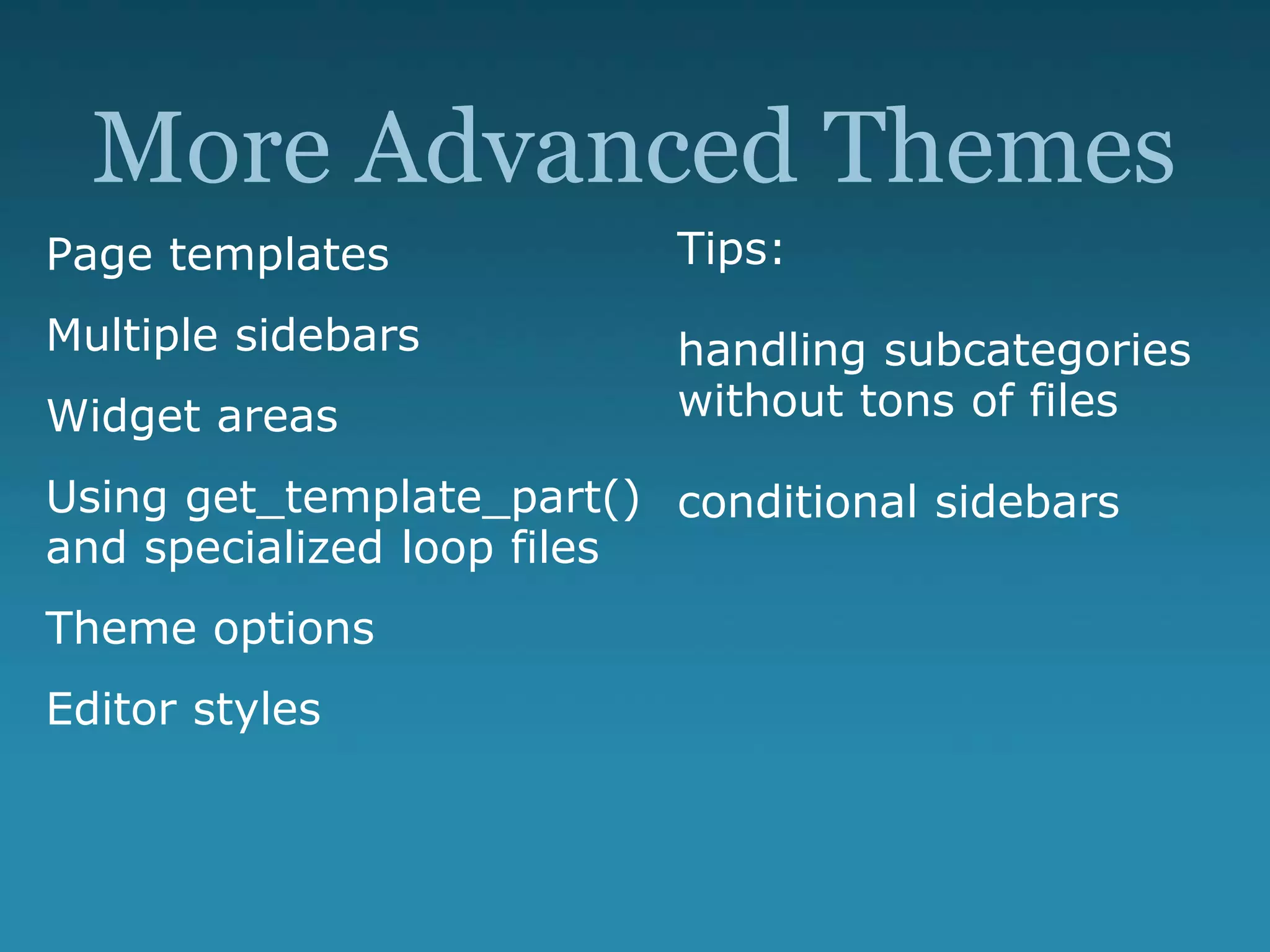 More Advanced Themes
Page templates
Multiple sidebars
Widget areas
Using get_template_part()
and specialized loop files
Theme options
Editor styles
Tips:
handling subcategories
without tons of files
conditional sidebars
 