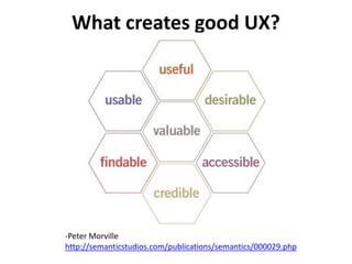What creates good UX?




-Peter Morville
http://semanticstudios.com/publications/semantics/000029.php
 