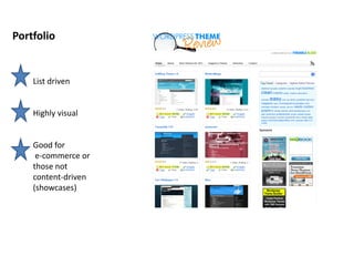 Portfolio


    List driven


    Highly visual


    Good for
     e-commerce or
    those not
    content-driven
    (showcases)
 