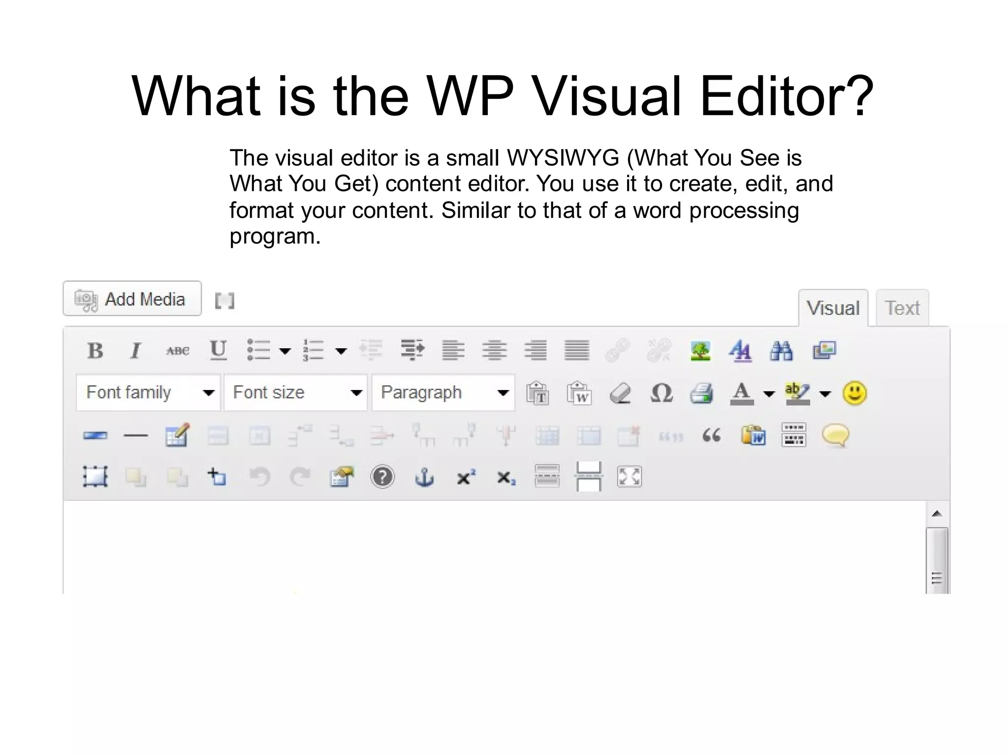What is the WP Visual Editor?
The visual editor is a small WYSIWYG (What You See is
What You Get) content editor. You use it to create, edit, and
format your content. Similar to that of a word processing
program.

 
