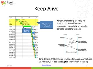 http://lynt.cz
Keep Alive
9. 10. 2015 19
30ms
Keep Alive turning off may be
critical on sites with many
resources - especially on mobile
devices with long latency
Ping 300ms, 150 resources, 5 simultaneous connections:
2x300x150/5 = 18s waiting for connection + ending
Why so many
redirects?
 