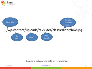 http://lynt.cz
/wp-content/uploads/revslider/classicslider/bike.jpg
9. 10. 2015 36
Hey, is
.htaccess
here?
And
here?Here?
Or
here?
Here it is!
Apache is not convenient to server static files
 