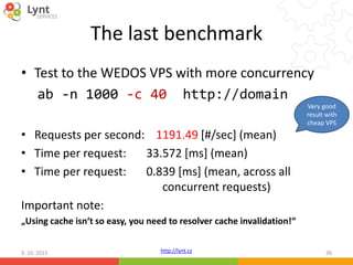 http://lynt.cz
The last benchmark
• Test to the WEDOS VPS with more concurrency
ab -n 1000 -c 40 http://domain
• Requests per second: 1191.49 [#/sec] (mean)
• Time per request: 33.572 [ms] (mean)
• Time per request: 0.839 [ms] (mean, across all
concurrent requests)
Important note:
„Using cache isn‘t so easy, you need to resolver cache invalidation!“
9. 10. 2015 38
Very good
result with
cheap VPS
 