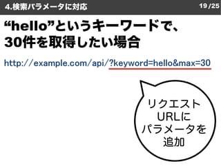 4.検索パラメータに対応                             19 /25


“hello”というキーワードで、
30件を取得したい場合
http://example.com/api/?keyword=hello&max=...