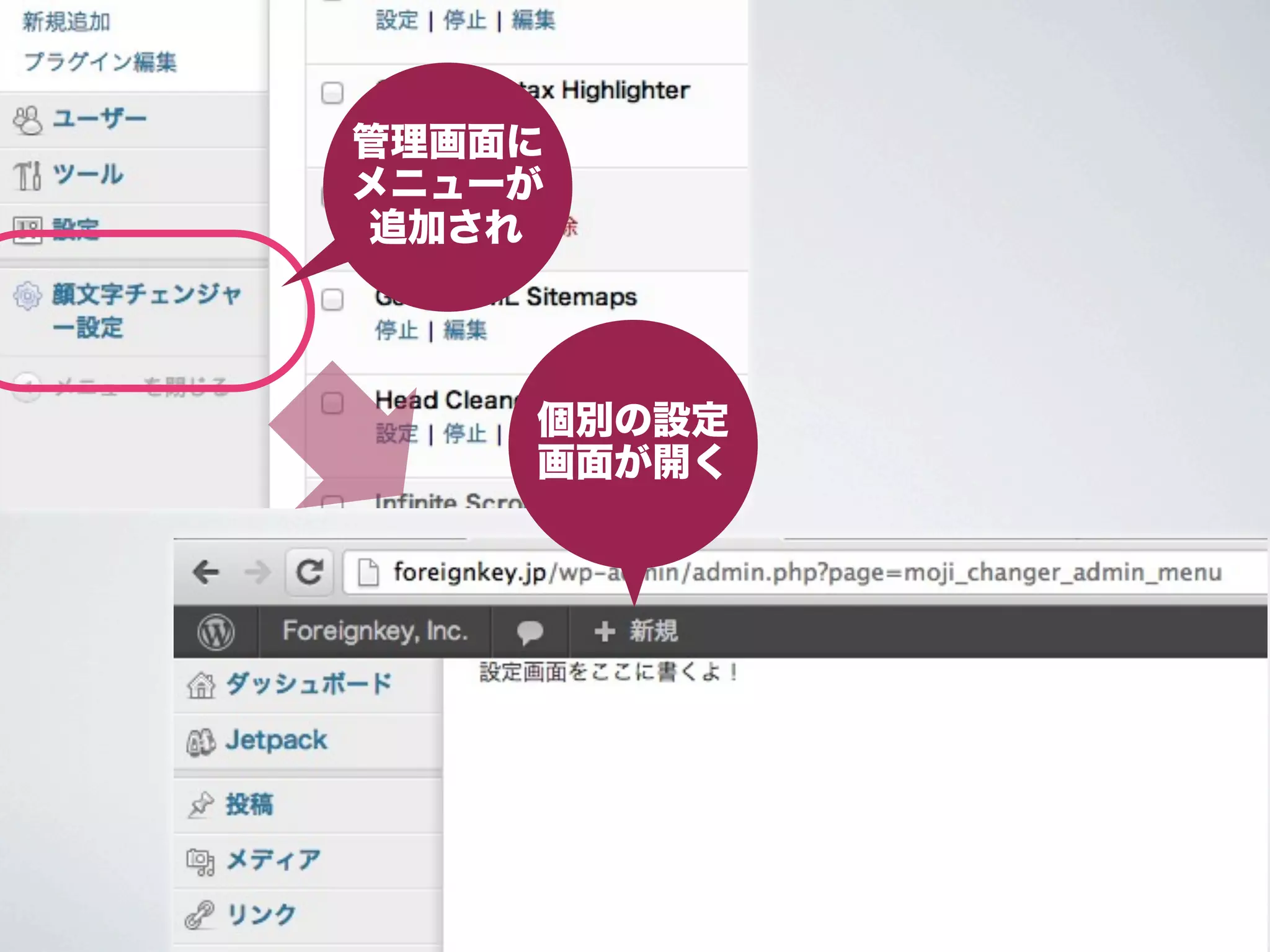 管理画面に
 メニューが
 追加され




         個別の設定
         画面が開く

クリックすると...
 