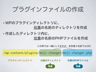 プラグインファイルの作成

‣ WPのプラグインディレクトリに、
        任意の名前のディレクトリを作成
‣ 作成したディレクトリ内に、
        任意の名前のPHPファイルを作成

                  この例では一緒にしてますが、全然違う名前でもOK!


/wp-content/plugins/moji-changer/moji-changer.php

  プラグインディレクトリ       任意のディレクトリ      任意のPHPファイル

                        作成              作成
 