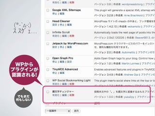 (*-`д-;)
ｽ ｽｹﾞｪ…




 WPから
プラグインが
認識される!



  でもまだ
 何もしない
 