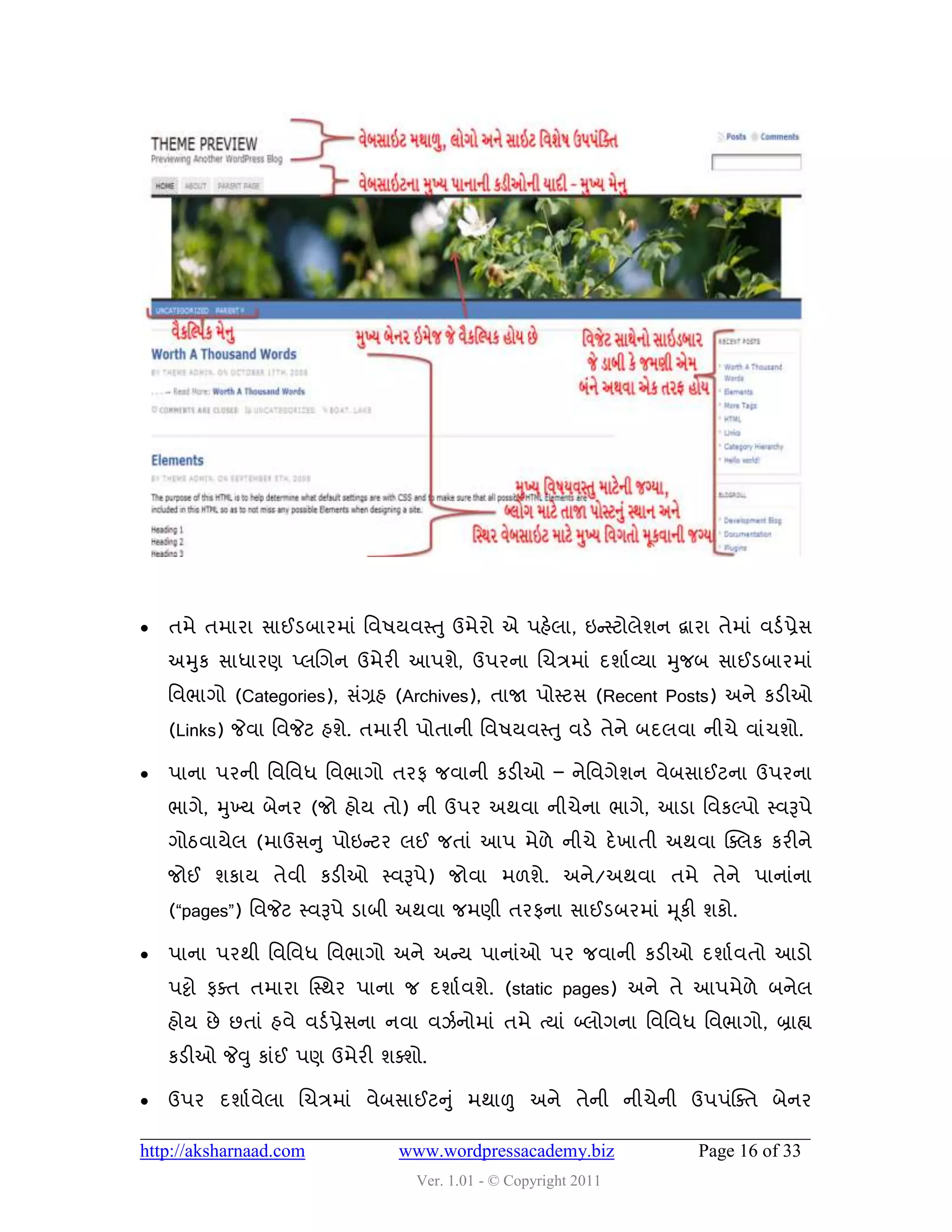    તભે તભાયા વાઈડફાયભાું વલ઴મલસ્ત ુ ઉભેયો એ ઩શેરા, ઇન્સસ્ટોરેળન દ્વાયા તેભાું લડડ પ્રેવ
    અમુક વાધાયણ પ્રચગન ઉભેયી આ઩ળે, ઉ઩યના ચચિભાું દળાડ વ્મા મુજફ વાઈડફાયભાું
    વલબાગો (Categories), વુંગ્રશ (Archives), તાજા ઩ોસ્ટવ (Recent Posts) અને કડીઓ
    (Links) જેલા વલજેટ શળે. તભાયી ઩ોતાની વલ઴મલસ્ત ુ લડે તેને ફદરલા નીચે લાુંચળો.

   ઩ાના ઩યની વલવલધ વલબાગો તયપ જલાની કડીઓ – નેવલગેળન લેફવાઈટના ઉ઩યના
    બાગે, મુખ્મ ફેનય (જો શોમ તો) ની ઉ઩ય અથલા નીચેના બાગે, આડા વલકલ્઩ો સ્લરૂ઩ે
    ગોઠલામેર (ભાઉવનુ ઩ોઇન્સટય રઈ જતાું આ઩ ભે઱ે નીચે દે ખાતી અથલા ક્વરક કયીને
    જોઈ ળકામ તેલી કડીઓ સ્લરૂ઩ે) જોલા ભ઱ળે. અને/અથલા તભે તેને ઩ાનાુંના
    (“pages”) વલજેટ સ્લરૂ઩ે ડાફી અથલા જભણી તયપના વાઈડફયભાું મ ૂકી ળકો.

   ઩ાના ઩યથી વલવલધ વલબાગો અને અન્સમ ઩ાનાુંઓ ઩ય જલાની કડીઓ દળાડલતો આડો
    ઩ટ્ટો પવત તભાયા ક્સ્થય ઩ાના જ દળાડલળે. (static pages) અને તે આ઩ભે઱ે ફનેર
    શોમ છે છતાું શલે લડડ પ્રેવના નલા લઝડનોભાું તભે ત્માું બ્રોગના વલવલધ વલબાગો, બ્રાહ્ય
    કડીઓ જેવુ કાુંઈ ઩ણ ઉભેયી ળવળો.

   ઉ઩ય દળાડ લેરા ચચિભાું લેફવાઈટનુ ું ભથાળુ અને તેની નીચેની ઉ઩઩ુંક્વત ફેનય

http://aksharnaad.com             www.wordpressacademy.biz               Page 16 of 33
                                    Ver. 1.01 - © Copyright 2011
 