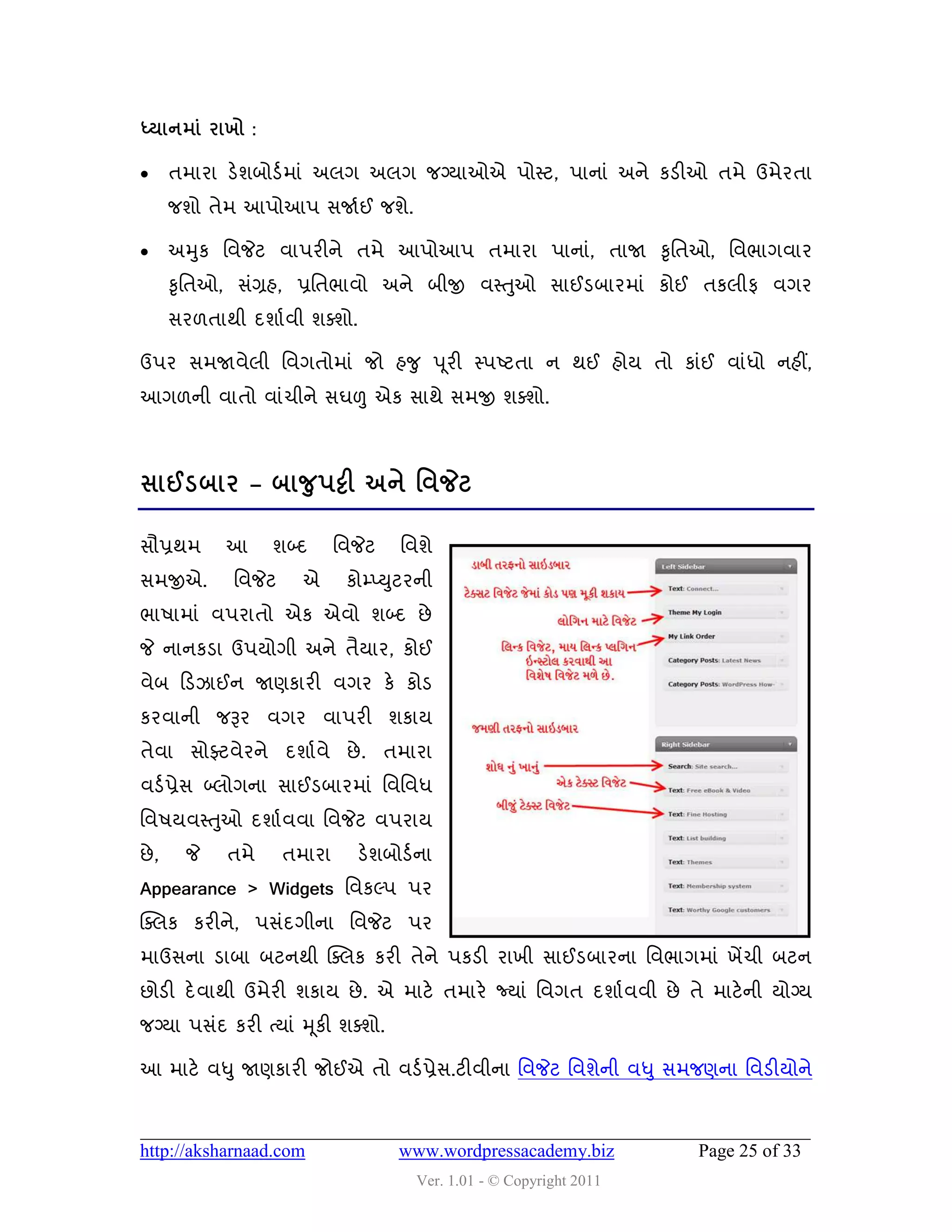 ધ્માનભાં યાખો :

      તભાયા ડેળફોડડ ભાું અરગ અરગ જગ્માઓએ ઩ોસ્ટ, ઩ાનાું અને કડીઓ તભે ઉભેયતા
       જળો તેભ આ઩ોઆ઩ વજાડઈ જળે.

      અમુક વલજેટ લા઩યીને તભે આ઩ોઆ઩ તભાયા ઩ાનાું, તાજા કૃવતઓ, વલબાગલાય
       કૃવતઓ, વુંગ્રશ, પ્રવતબાલો અને ફીજી લસ્ત ુઓ વાઈડફાયભાું કોઈ તકરીપ લગય
       વય઱તાથી દળાડલી ળવળો.

ઉ઩ય વભજાલેરી વલગતોભાું જો શજુ ઩ ૂયી સ્઩ષ્ટતા ન થઈ શોમ તો કાુંઈ લાુંધો નશીં,
આગ઱ની લાતો લાુંચીને વઘળુ એક વાથે વભજી ળવળો.



વાઈડફાય – ફાજુ઩ટ્ટી અને શલજેટ

વૌપ્રથભ      આ     ળબ્દ      વલજેટ   વલળે
વભજીએ.       વલજેટ     એ      કોમ્પ્યુટયની
બા઴ાભાું લ઩યાતો એક એલો ળબ્દ છે
જે નાનકડા ઉ઩મોગી અને તૈમાય, કોઈ
લેફ હડઝાઈન જાણકાયી લગય કે કોડ
કયલાની જરૂય લગય લા઩યી ળકામ
તેલા વોફ્ટલેયને દળાડલે છે . તભાયા
લડડ પ્રેવ બ્રોગના વાઈડફાયભાું વલવલધ
વલ઴મલસ્તુઓ દળાડ લલા વલજેટ લ઩યામ
છે ,    જે   તભે     તભાયા     ડેળફોડડ ના
Appearance > Widgets વલકલ્઩ ઩ય
ક્વરક કયીને, ઩વુંદગીના વલજેટ ઩ય
ભાઉવના ડાફા ફટનથી ક્વરક કયી તેને ઩કડી યાખી વાઈડફાયના વલબાગભાું ખેંચી ફટન
છોડી દે લાથી ઉભેયી ળકામ છે . એ ભાટે તભાયે જ્માું વલગત દળાડ લલી છે તે ભાટે ની મોગ્મ
જગ્મા ઩વુંદ કયી ત્માું મ ૂકી ળવળો.

આ ભાટે લધુ જાણકાયી જોઈએ તો લડડ પ્રેવ.ટીલીના વલજેટ વલળેની લધુ વભજણના વલડીમોને



http://aksharnaad.com                www.wordpressacademy.biz         Page 25 of 33
                                       Ver. 1.01 - © Copyright 2011
 