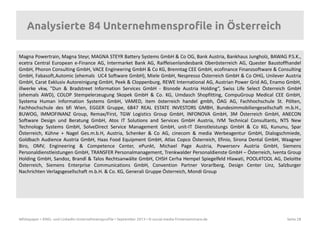 Whitepaper • XING- und LinkedIn-Unternehmensprofile • September 2013 • © social-media-firmenseminare.de Seite 28
Analysierte 84 Unternehmensprofile in Österreich
Magna Powertrain, Magna Steyr, MAGNA STEYR Battery Systems GmbH & Co OG, Bank Austria, Bankhaus Jungholz, BAWAG P.S.K.,
ecetra Central European e-Finance AG, Intermarket Bank AG, Raiffeisenlandesbank Oberösterreich AG, Quester Baustoffhandel
GmbH, Phoron Consulting GmbH, VACE Engineering GmbH & Co KG, Brenntag CEE GmbH, ecofinance Finanzsoftware & Consulting
GmbH, Fabasoft,Automic (ehemals UC4 Software GmbH), Miele GmbH, Nespresso Österreich GmbH & Co OHG, Unilever Austria
GmbH, Carat Exklusiv Autoreinigung GmbH, Peek & Cloppenburg, REWE International AG, Austrian Power Grid AG, Enamo GmbH,
illwerke vkw, "Dun & Bradstreet Information Services GmbH - Bisnode Austria Holding“, Swiss Life Select Österreich GmbH
(ehemals AWD), COLOP Stempelerzeugung Skopek GmbH & Co. KG, Umdasch Shopfitting, CompuGroup Medical CEE GmbH,
Systema Human Information Systems GmbH, VAMED, item österreich handel gmbh, ÖAG AG, Fachhochschule St. Pölten,
Fachhochschule des bfi Wien, EGGER Gruppe, 6B47 REAL ESTATE INVESTORS GMBH, Bundesimmobiliengesellschaft m.b.H.,
BUWOG, IMMOFINANZ Group, Remax/First, TGW Logistics Group GmbH, INFONOVA GmbH, 3M Österreich GmbH, ANECON
Software Design und Beratung GmbH, Atos IT Solutions and Services GmbH Austria, IVM Technical Consultants, NTS New
Technology Systems GmbH, SolveDirect Service Management GmbH, unit-IT Dienstleistungs GmbH & Co KG, Kununu, Spar
Österreich, Kühne + Nagel Ges.m.b.H, Austria, Schenker & Co AG, cinecom & media Werbeagentur GmbH, Dialogschmiede,
Goldbach Audience Austria GmbH, Haas Food Equipment GmbH, Atlas Copco Österreich, Efinio, Sirona Dental GmbH, Waagner
Biro, OMV, Engineering & Competence Center, ePunkt, Michael Page Austria, Powerserv Austria GmbH, Siemens
Personaldienstleistungen GmbH, TRANSFER Personalmanagement, Trenkwalder Personaldienste GmbH – Österreich, Iventa Group
Holding GmbH, Sandoz, Brandl & Talos Rechtsanwälte GmbH, CHSH Cerha Hempel Spiegelfeld Hlawati, POOL4TOOL AG, Deloitte
Österreich, Siemens Enterprise Communications GmbH, Convention Partner Vorarlberg, Design Center Linz, Salzburger
Nachrichten Verlagsgesellschaft m.b.H. & Co. KG, Generali Gruppe Österreich, Mondi Group
 