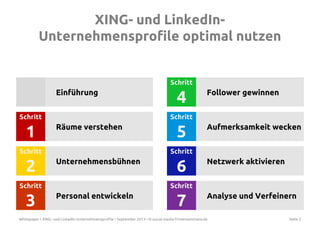 XING- und LinkedIn-
Unternehmensprofile optimal nutzen
Whitepaper • XING- und LinkedIn-Unternehmensprofile • September 2013 • © social-media-firmenseminare.de
Schritt
1
Einführung
Schritt
2
Schritt
3
Schritt
4
Schritt
5
Schritt
6
Schritt
7
Räume verstehen
Unternehmensbühnen
Personal entwickeln
Follower gewinnen
Aufmerksamkeit wecken
Netzwerk aktivieren
Analyse und Verfeinern
Seite 2
 