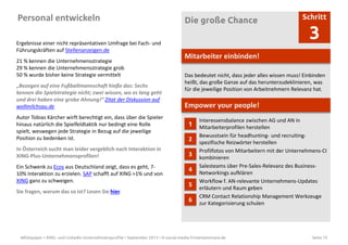Whitepaper • XING- und LinkedIn-Unternehmensprofile • September 2013 • © social-media-firmenseminare.de Seite 15
Personal entwickeln Die große Chance Schritt
3
Mitarbeiter einbinden!
Das bedeutet nicht, dass jeder alles wissen muss! Einbinden
heißt, das große Ganze auf das herunterzudeklinieren, was
für die jeweilige Position von Arbeitnehmern Relevanz hat.
Empower your people!
Interessensbalance zwischen AG und AN in
Mitarbeiterprofilen herstellen1
Bewusstsein für headhunting- und recruiting-
spezifische Reizwörter herstellen
2
Profilfotos von Mitarbeitern mit der Unternehmens-CI
kombinieren
3
Salesteams über Pre-Sales-Relevanz des Business-
Networkings aufklären
4
Workflow f. AN-relevante Unternehmens-Updates
erläutern und Raum geben
5
CRM Contact Relationship Management Werkzeuge
zur Kategorisierung schulen
6
Ergebnisse einer nicht repräsentativen Umfrage bei Fach- und
Führungskräften auf Stellenanzeigen.de
21 % kennen die Unternehmensstrategie
29 % kennen die Unternehmensstrategie grob
50 % wurde bisher keine Strategie vermittelt
„Bezogen auf eine Fußballmannschaft hieße das: Sechs
kennen die Spielstrategie nicht; zwei wissen, wo es lang geht
und drei haben eine grobe Ahnung!“ Zitat der Diskussion auf
wollmilchsau.de
Autor Tobias Kärcher wirft berechtigt ein, dass über die Spieler
hinaus natürlich die Spielfeldtaktik nur bedingt eine Rolle
spielt, weswegen jede Strategie in Bezug auf die jeweilige
Position zu bedenken ist.
In Österreich sucht man leider vergeblich nach Interaktion in
XING-Plus-Unternehmensprofilen!
Ein Schwenk zu Ecos aus Deutschland zeigt, dass es geht, 7-
10% Interaktion zu erzielen. SAP schafft auf XING >1% und von
XING ganz zu schweigen.
Sie fragen, warum das so ist? Lesen Sie hier.
 