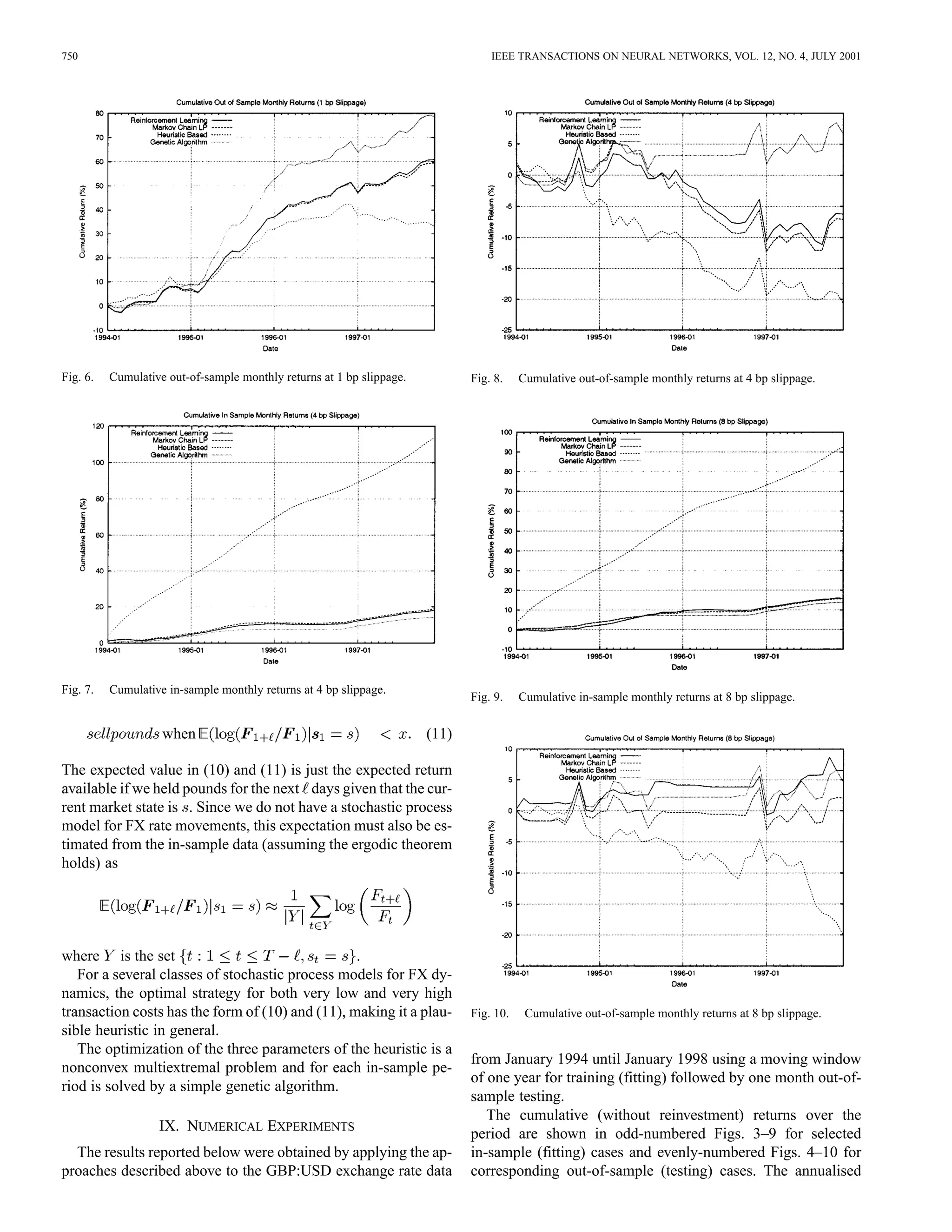 750                                                                               IEEE TRANSACTIONS ON NEURAL NETWORKS, VOL. 12, NO. 4, JULY 2001




Fig. 6.   Cumulative out-of-sample monthly returns at 1 bp slippage.          Fig. 8.    Cumulative out-of-sample monthly returns at 4 bp slippage.




Fig. 7.   Cumulative in-sample monthly returns at 4 bp slippage.
                                                                              Fig. 9.    Cumulative in-sample monthly returns at 8 bp slippage.


                    when                                               (11)

The expected value in (10) and (11) is just the expected return
available if we held pounds for the next days given that the cur-
rent market state is . Since we do not have a stochastic process
model for FX rate movements, this expectation must also be es-
timated from the in-sample data (assuming the ergodic theorem
holds) as




where is the set                                  .
   For a several classes of stochastic process models for FX dy-
namics, the optimal strategy for both very low and very high
transaction costs has the form of (10) and (11), making it a plau-            Fig. 10.    Cumulative out-of-sample monthly returns at 8 bp slippage.
sible heuristic in general.
   The optimization of the three parameters of the heuristic is a
                                                                              from January 1994 until January 1998 using a moving window
nonconvex multiextremal problem and for each in-sample pe-
                                                                              of one year for training (fitting) followed by one month out-of-
riod is solved by a simple genetic algorithm.
                                                                              sample testing.
                                                                                 The cumulative (without reinvestment) returns over the
                   IX. NUMERICAL EXPERIMENTS                                  period are shown in odd-numbered Figs. 3–9 for selected
  The results reported below were obtained by applying the ap-                in-sample (fitting) cases and evenly-numbered Figs. 4–10 for
proaches described above to the GBP:USD exchange rate data                    corresponding out-of-sample (testing) cases. The annualised
 