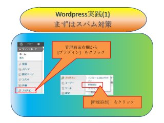 Wordpress実践(1)
まずはスパム対策


  管理画面右欄から
[プラグイン] をクリック




         [新規追加] をクリック
 