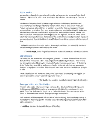 Actian Vector – The Revolutionary High Performance Analytics Database 10
Social media
Many social media websites are extremely popular and generate vast amounts of data about
their users. NK (http://nk.pl) is a large social media site in Poland, twice as large as Facebook in
Poland.
Social media companies often use advertising to monetize user behavior. However, user
behavior changes and changes in behavior warrant action. Prior to using Actian Vector, the
Product Managers at NK would have to wait days or weeks for their queries against the vast
amounts of data to complete. They were answering business requests for data with workaround
solutions built on MySQL databases with huge queries. NK implemented a new solution that
collects data from various sources, including Hadoop, and imports it into Actian Vector for its
ultrafast processing performance. Actian Vector has enabled faster report generation, improved
user experience via dynamic dashboards, simplified queries, and improved access to harmonized
data.
“We looked to solutions from other vendors with analytic databases, but selected Actian Vector
for its superior performance and cost-effective model.”
— Edward Mezyk, Senior Project Coordinator in NK Research and Data-warehouse Division
Digital Media
Edo interactive, a B2B electronic marketing firm, provides 120 million offers a month and more
than 25 million transactions a day - producing as much as 50 terabytes of data. They needed
low latency interactive SQL analytics in support of various business user groups. By deploying
Actian Vector, they were able to analyze and visualize patterns in sub-1-minute queries over
terabytes of highly structured data. Now, business users have self-service analytics on terabytes
of data.
“With Actian Vector, edo Interactive team gained rapid access to data along with support for
analytic queries that we were unable to experience before.”
—Tim Garnto, vice president of product engineering at edo Interactive
Transportation and Distribution
Timocom is the leader in European freight exchange. On a daily basis Timocom brings some
85,000 users and 300,000 international cargo space and freight offers together on its web
portal. One of the challenges for freight carriers is fraud and theft. Timocom selected Actian
Vector to help monitor for criminal activity and analyze user behavior.
“Our database in its existing form had reached its limits. Generally, we have already seen up to
hundredfold of the inquiry speed in our initial tests without having done any optimization of the
tables or inquiries.”
— Ingo Klose, Manager Business Intelligence at TimoCom
 
