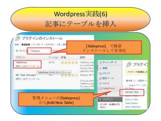 Wordpress実践(6)
     記事にテーブルを挿入

                       [Tablepress] で検索
                      インストールして有効化




管理メニューの[Tablepress]
  から[Add New Table]
 