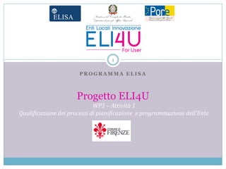 1

                      PROGRAMMA ELISA



                     Progetto ELI4U
                             WP1 – Attività 1
Qualificazione dei processi di pianificazione e programmazione dell’Ente

                              Logo Ente
 