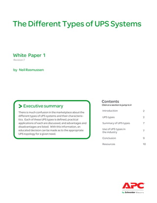 The Different Types of UPS Systems


White Paper 1
Revision 7


by Neil Rasmussen




                                                             Contents
    > Executive summary                                      Click on a section to jump to it

                                                             Introduction                       2
    There is much confusion in the marketplace about the
    different types of UPS systems and their characteris-    UPS types                          2
    tics. Each of these UPS types is defined, practical
    applications of each are discussed, and advantages and   Summary of UPS types               7
    disadvantages are listed. With this information, an
    educated decision can be made as to the appropriate      Use of UPS types in
                                                                                                7
                                                             the industry
    UPS topology for a given need.
                                                             Conclusion                         9

                                                             Resources                          10
 
