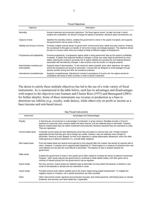 7



                                                            Fiscal Objectives
             Objective                                                            Description

Neutrality                        Avoids investment and production distortions. The fiscal regime should not alter the order in which
                                  projects are undertaken; nor should it change the speed of extraction, decisions about reinvestment, etc.

Capture of rents                  Satisfies the neutrality criterion, enables the government to share in the upside of projects, and supports
                                  the government’s role as owner of the oil.
Stability and timing of revenue   Provides a stable revenue stream to government. Governments favor stable and early revenue. However,
                                  the counterpart to this goal is a transfer of risk to the investor and delayed payback. This objective should
                                  be less of a concern when there are multiple oil fields at different stages of development.

Progressivity and adaptability    Ensures progressivity. A progressive regime yields a rising government take as the project’s profitability
                                  increases. A system that responds flexibly to changes in prices and costs might be perceived as more
                                  stable, lowering the investor’s perceived risk of regime stability and avoiding the rent-seeking behavior
                                  associated with discretionary changes. It also ensures a low tax burden on marginal projects.
Administrative simplicity and     Supports ease of administration. To the maximum extent possible, given other objectives, the regime
enforceability                    should be transparent and simple to administer. It should also be designed to avoid leakages through
                                  abusive transfer pricing and other tax avoidance practices.
International competitiveness     Supports competitiveness. Adjusting for investor’s perceptions of country risk, the regime should be
                                  competitive with those of other countries in order to attract investment.




The desire to satisfy these multiple objectives has led to the use of a wide variety of fiscal
instruments. As is summarized in the table below, each has its advantages and disadvantages
with respect to the objectives (see Garnaut and Clunies Ross (1975) and Baunsgaard (2001)
for further details). Some of these instruments use revenue or production as a base to
determine tax liability (e.g., royalty, trade duties), while others rely on profit or income as a
base (income and rent-based taxes).

                                                        Key Fiscal Instruments
        Instrument                                                 Advantages and Disadvantages

Royalty                  A fixed fee per unit produced or a percentage of production or gross revenue. Royalties provide a minimum
                         payment for resources used, produce stable and early revenue, and are relatively easy to administer. However,
                         beyond modest levels they can distort investment and production decisions because they are insensitive to costs.
                         They are regressive.
Income based taxes       Corporate income taxes are less distortionary since they are based on revenue less cost. Foreign investors
                         appreciate the fact that they give rise to foreign tax credits. However, they are relatively more complex to
                         administer. Revenue is also delayed: by how much depends on capital depreciation allowances, which are often
                         made generous to attract investment (i.e., provide faster payback).

Rent based taxes         Pure rent-based taxes are neutral since payment is only required after the investor has earned its required rate of
                         return. However, in practice rent is approximated (Appendix II). Those based on a measure of achieved return are
                         most effective but are also the most difficult to administer. The balance of risks is skewed towards the
                         government.

State equity
                         Enables the government to share in the upside and is often viewed to increase the sense of national involvement.
                         However, “paid” equity requires the government to contribute to initial capital outlays, and often gives rise to
                         conflicts of interest arising from the government’s role as regulator.
Export duties            Not very common. Export duties are relatively easy to administer but they distort the decision of whether to sell
                         crude oil domestically or abroad and are insensitive to costs.

Import duties            Provides revenue even before royalties due to the import needs during project development. To mitigate the
                         negative impact on investors, full or partial exemptions are often provided.
Other                    Other instruments include: signature and production bonuses; land rental payments; withholding taxes on interest,
                         dividends, and services; and value added tax, if applicable.
 
