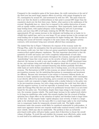 54


Compared to the cumulative gains of the boom phase, the credit contraction at the end of
the third year has much larger negative eﬀects on activity, with output dropping by over
5%, consumption by around 3%, and investment by well over 10%. The main reason for
this is not that the shock to creditworthiness at that point is around 30% larger than the
cumulative shock over the ﬁrst three years. Rather, what matters is the suddenness of the
reversal. Households have no choice but to respond to the sudden destruction of money
with an equally sudden contraction in consumption. More importantly, banks make very
large lending losses, with capital adequacy ratios dropping by well over 2 percentage
points, and more than 20% of all banks violating the MCAR. This leads to an
approximately 2% per annum increase in the wholesale real lending rate as banks try to
rebuild their capital base, and to an even larger 5% per annum increase in the average real
retail lending rate as banks require compensation for higher lending risk. This increase in
lending rates across all borrower categories is the main reason why aggregate activity
contracts, with investment being more seriously aﬀected than consumption.

The dashed blue line in Figure 7 illustrates the response of the economy under the
Chicago Plan, under the assumption that the government pursues an interest rate rule for
the treasury credit rate, but that it does not pursue quantitative lending targets through
countercyclical capital adequacy regulations. The ﬁrst important observation is that the
quantities of credit and money now evolve completely independently of each other.
Because debt is now much less pervasive throughout the economy, and especially because
“pawnbroking” loans that create money on the security of land or deposits are no longer
observed, the increase in credit is now much smaller as a share of GDP. Investment loans
do rise, and continue rising until well after the negative shock hits in period 13, because
the capital stock that requires continued ﬁnancing only declines gradually thereafter,
while bank net worth declines immediately due to lending losses, as in the pre-transition
economy. The ﬂuctuations in GDP in this economy are almost identical to those in the
pre-transition economy, but the underlying ﬂuctuations in consumption and investment
are diﬀerent. Because only investment is now subject to borrower riskiness shocks, an
increase in banks’ optimism now has much larger eﬀects on investment, while consumption
is not directly aﬀected by increased lending, and is crowded out by higher investment. The
treasury credit rate responds to higher inﬂation with a similar behavior to the policy rate
in the pre-transition economy, but with a large swing during the credit bust that takes it
well into negative territory, in real but especially in nominal terms. As emphasized above,
under the Chicago Plan this does not need to be problematic because there is no zero lower
bound for the policy rate. Nevertheless, despite these large swings in the treasury credit
rate, the economy remains volatile. The much larger increase in the capital stock relative
to its long-run equilibrium value under this scenario implies that the reversal of lending
optimism has a larger eﬀect on the valuation of capital, and therefore leads to larger losses
at that time. As this impairs banks’ capital adequacy more severely, it leads to a larger
spike in the wholesale rate, but the main eﬀect is a much larger spike in the retail lending
rate to compensate banks for temporarily elevated credit risk. The highly volatile
investment under this scenario would likely be considered undesirable by policymakers. A
much more aggressive interest rate response would make nominal treasury credit rates far
more volatile, which may also be undesirable. The problem is that an exclusively
price-based credit policy still gives banks a great deal of discretion to choose the overall
volume of lending. To avoid this and stabilize the economy more eﬀectively, policy needs
to avail itself of an additional quantitative tool. This however is readily available.
 