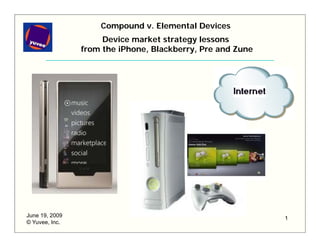 Compound v. Elemental Devices
                     Device market strategy lessons
                from the iPhone, Blackberry, Pre and Zune




June 19, 2009                                               1
© Yuvee, Inc.
 