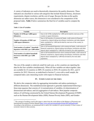 10 
A variety of indicators are used to theoretically characterize the quality dimension. These indicators are classified in various sub-categories that include financial literacy, disclosure requirements, dispute resolution, and the cost of usage. Because the data on the quality dimension are rather scarce, this dimension is not considered in the computation of the proposed index. Table 1 below summarizes the final list of variables used to compute the index. 
Table 1: List of Variables 
The size of the sample is relatively small for each year, as few countries are reporting the data for the four variables simultaneously. When all four variables are taken together, data are available for 23 countries in 2009, 26 countries in 2010, 28 countries for 2011, and 31 countries for 2012. However, as underlined in Section V, even with a small sample, the computed index casts interesting results with respect to financial inclusion. 
IV. COMPUTATION OF THE INDEX 
We derive the composite index by aggregating intermediate sub-indices pertaining to different dimensions. The multidimensional approach is generally implemented following a three-step sequence that consists of: (i) normalization of variables; (ii) determination of dimensional sub-indices; and (iii) aggregation of sub-indices. Most popular composite indices of well-being constructed by the United Nations Development Programme (UNDP) such as the Human Development Index (HDI), Human Poverty Index (HPI), and Gender- 
11 The concept of residency used in this paper is taken from the sixth edition of the Balance of Payments and International Investment Position Manual (http://www.imf.org/external/pubs/ft/bop/2007/pdf/bpm6.pdf). According to that definition, an institutional unit is said to be a resident of a given economy if it has a center of economic interest in that economy. 
Variable 
Description 
Number of ATMs per 1,000 square kilometers 
Sum of all ATMs multiplied by 1,000 and divided by total area of the country in square kilometers. 
Number of branches of ODCs per 1,000 square kilometers 
Sum of all branches of commercial banks, credit unions & financial cooperatives, deposit-taking microfinance institutions and other deposit takers multiplied by 1,000 and divided by total area of the country in square kilometers. 
Total number of resident11 household depositors with ODCs per 1,000 adults 
Sum of all household depositors with commercial banks, credit unions & financial cooperatives, deposit-taking microfinance institutions and other deposit takers multiplied by 1,000 then divided by the adult population. 
Total number of resident household borrowers with ODCs per 1,000 adults 
Sum of all household borrowers from commercial banks, credit unions & financial cooperatives, deposit-taking microfinance institutions and other deposit takers multiplied by 1,000 then divided by the total adult population.  