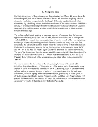 22 
C. Composite index 
For 2009, the weights of dimension one and dimension two are .52 and .48, respectively. In each subsequent year, the difference narrows to .51 and .49. The even weighting for each dimension results in a composite index that largely follows the trends of the individual dimensions. By combining the two dimensions, the output of the composite index should be a ranking of countries in the sample from the most financially inclusive to the least. Countries at the top of the rankings should be more financially inclusive relative to countries at the bottom of the rankings. 
The highest ranked countries show an increased presence of countries from the high and upper-middle income groups over time. In 2009, seven of ten fell into one of these groups, while in 2012, the concentration increased to eight of ten. As a result of the even weighting, the average index for high and upper middle income countries are nearly even over time. Regionally, the top ranked countries display nearly the same diversity as the first dimension. Unlike the first dimension, however, the top three countries in the composite index for 2011 and 2012 are in the Asia and Pacific region (Maldives, Thailand, and Brunei Darussalam). The top of the list does not show the same wide differences as the individual dimensions. For example, the index for the Maldives is 17 percent higher than Thailand in 2011 and 2012. Figure 6 displays the results of the average composite index values by income group for 2009-12. 
The countries ranked at the bottom of the list again display many of the trends of the individual dimensions. By way of illustration, six of the bottom ten in the composite index are low or lower middle income countries for 2010-12. Similarly, eight of ten are from the African region, an increase from six of ten in 2011. As was the case with the individual dimensions, the index rapidly declines toward the bottom, particularly in recent years. In 2012, the composite index for Central African Republic and Chad were 95 percent and 160 percent lower than that of the Republic of Congo, the country ranked third from the bottom. A summary of results of the index is provided in the Appendix. 
 