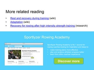 Sportlyzer Rowing Academy
Sportlyzer Rowing Academy is No 1 source for
rowing coaches looking for inspiration and ideas to:
• make training plans more effective
• plan and analyze athletes' progress better
• learn from other coaches' experience
Discover more
• Rest and recovery during training (wiki)
• Adaptation (wiki)
• Recovery for rowing after high intensity strength training (research)
More related reading
 