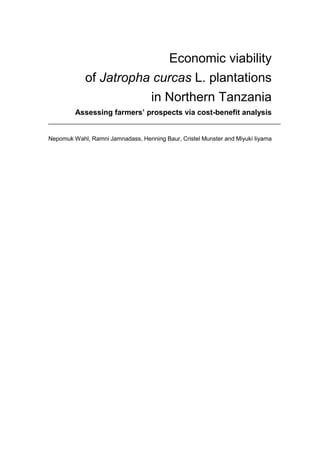 Economic viability
            of Jatropha curcas L. plantations
                       in Northern Tanzania
         Assessing farmers’ prospects via cost-benefit analysis


Nepomuk Wahl, Ramni Jamnadass, Henning Baur, Cristel Munster and Miyuki Iiyama
 