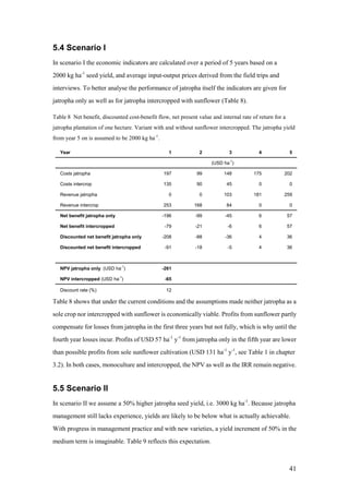 5.4 Scenario I
In scenario I the economic indicators are calculated over a period of 5 years based on a
2000 kg ha-1 seed yield, and average input-output prices derived from the field trips and
interviews. To better analyse the performance of jatropha itself the indicators are given for
jatropha only as well as for jatropha intercropped with sunflower (Table 8).

Table 8 Net benefit, discounted cost-benefit flow, net present value and internal rate of return for a
jatropha plantation of one hectare. Variant with and without sunflower intercropped. The jatropha yield
from year 5 on is assumed to be 2000 kg ha-1.

   Year                                           1             2            3            4              5

                                                                     (USD ha-1)

   Costs jatropha                               197            99          148          175          202

   Costs intercrop                              135            90           45            0              0

   Revenue jatropha                               0             0          103          181          259

   Revenue intercrop                            253          168            84            0              0

   Net benefit jatropha only                    -196          -99          -45            6              57

   Net benefit intercropped                      -79          -21           -6            6              57

   Discounted net benefit jatropha only         -208          -88          -36            4              36

   Discounted net benefit intercropped           -91          -18           -5            4              36



   NPV jatropha only (USD ha-1)                 -261
                               -1
   NPV intercropped (USD ha )                    -65

   Discount rate (%)                             12

Table 8 shows that under the current conditions and the assumptions made neither jatropha as a
sole crop nor intercropped with sunflower is economically viable. Profits from sunflower partly
compensate for losses from jatropha in the first three years but not fully, which is why until the
fourth year losses incur. Profits of USD 57 ha-1 y-1 from jatropha only in the fifth year are lower
than possible profits from sole sunflower cultivation (USD 131 ha-1 y-1, see Table 1 in chapter
3.2). In both cases, monoculture and intercropped, the NPV as well as the IRR remain negative.


5.5 Scenario II
In scenario II we assume a 50% higher jatropha seed yield, i.e. 3000 kg ha-1. Because jatropha
management still lacks experience, yields are likely to be below what is actually achievable.
With progress in management practice and with new varieties, a yield increment of 50% in the
medium term is imaginable. Table 9 reflects this expectation.



                                                                                                         41
 