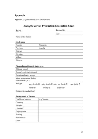 Appendix
Appendix A: Questionnaires used for interviews


             Jatropha curcas Production Evaluation Sheet
 Part 1                                              Farmer-No. ________________
                                                    Date _______________________
 Name of the farmer

 Study area
 Country                        Tanzania
 Province                       Arusha
 District
 Division
 Village
 Address


 Physical conditions of study area
 Altitude (m asl)
 Annual precipitation (mm)
 Duration of rainy season
 Mean temperature during
 rainy season (°C)
 Soiltype         very fertile ⎔ rather fertile ⎔rather not fertile ⎔   not fertile ⎔
                  sandy ⎔            loamy ⎔          clayish ⎔
 Distance to market (km)

 Background of Farmer
 Livelihood sources            % of income
 Cropping
 Jatropha
 Livestock
 Employment
 Trading
 Remittances
 Other




                                                                                        49
 