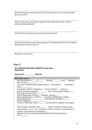 Does he/she get the seed-cake back, how much does one unit cost, and what does
he/she use it for?


Who is doing what work (gender-question)? How does he/she cope with the
additional labour demand?



Where did he/she get the money for the investment from?



How does the farmer see the future prospects of his plantation? Will he/she expand
the plantation and why/why not?



Remarks by interviewer:




Part 2
JCL PRODUCTION COST-BENEFIT Cash-Flow
Statement

Farmer No. __________ Plot No.
_______
Plot Information
  GPS-Coordinates S______E_____         Altitude ________m asl       Planting
  date (mm/yy)__________
  Own land ⎔Rented land ⎔State-owned ⎔ Communal ⎔               Individual ⎔
  Other: __________
  Propagation Method: Seedlings ⎔ Direct Seeding ⎔ Cuttings ⎔
  Source of planting material _________ How many planted initially?_____
  How many are still alive? ________
  Size of Plot/Length of fence ___acres/m Spacing ___
  Plant population/ac or 1000 m ___ Acres/km additionally available __
  Intercropped with ____________ % allocated to Jatropha_______
  Former vegetation ______________
  If food or feed-crop, which _____    Annual yield of replaced crop (kg/ac)
  _
  Type of organic fertilizer used ______ Type of inorganic fertilizer used __
  Insect attacks yes ⎔ no ⎔ Severity no effect ⎔medium ⎔devastating ⎔
  Location and distance to homestead ____
  Distance (km) to market/processing point and time to get there
  (hrs)_______




                                                                                 51
 