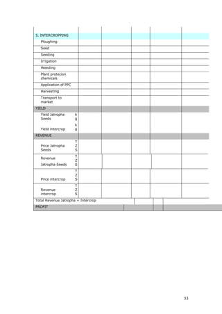 5. INTERCROPPING
  Ploughing
  Seed
  Seeding
  Irrigation
  Weeding
  Plant protecion
  chemicals
  Application of PPC
  Harvesting
  Transport to
  market
YIELD
  Yield Jatropha       k
  Seeds                g
                       k
  Yield intercrop      g
REVENUE
                       T
  Price Jatropha       Z
  Seeds                S
                       T
  Revenue
                       Z
  Jatropha Seeds       S
                       T
                       Z
  Price intercrop      S
                       T
  Revenue              Z
  intercrop            S
Total Revenue Jatropha + Intercrop
PROFIT




                                     53
 
