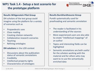 WP1 Task 1.4 - Setup a test scenario for
the prototype platform
DM2E All WP Meeting Bergen: Work Package 1
Results Wittgenstein Pilot Group
DH scholars of the test group could
imagine using the platform for a variety
of scenarios such as
• Propaedeutic uses
• Close reading
• Creating citation networks
• Collaborative research scenarios
• Teaching
• Refining ontologies
DH solutions in the LOD context
• Discussions about the publication
status of semantic annotations
• Credibility
• Intellectual property rights
• Characteristics of ontologies
12.06.2014
Results Burckhardtsource Group
Pundit systematically used for
proofreading and semantic annotation
• The reader is facilitated in his
understanding of the sources
• More experienced users are also able
to create "intellectual mappings" of
an author
• Topics and interesting fields can be
highlighted
• Semantic annotations are both useful
for the scholars working with the
material and for others who may
want to re-use the semantically
enriched data
9
 