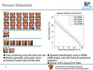 Person Detection
                                                                              www.linkedtv.eu




 Face clustering using the face.com api  Speaker Identification using a GMM-
 Result: generally very good, some      HMM model, with 253 German parliament
erroneous clusters due to side-view      speakers
                                          Result: 8.0% Equal Error Rate
 11                                           Information Technologies Institute
                                              Centre for Research and Technology Hellas
 