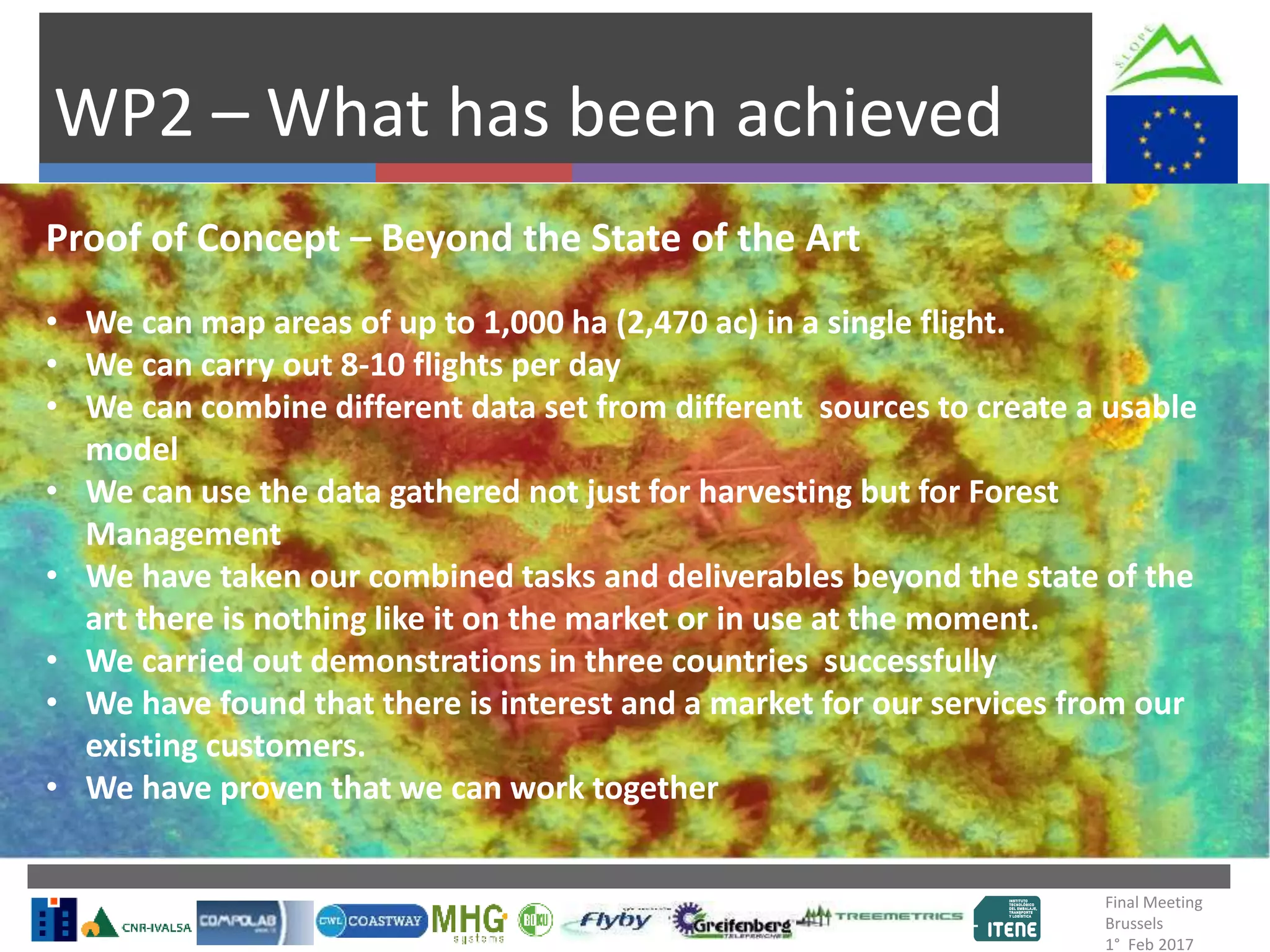 Final Meeting
Brussels
1° Feb 2017
WP2 – What has been achieved
Proof of Concept – Beyond the State of the Art
• We can map areas of up to 1,000 ha (2,470 ac) in a single flight.
• We can carry out 8-10 flights per day
• We can combine different data set from different sources to create a usable
model
• We can use the data gathered not just for harvesting but for Forest
Management
• We have taken our combined tasks and deliverables beyond the state of the
art there is nothing like it on the market or in use at the moment.
• We carried out demonstrations in three countries successfully
• We have found that there is interest and a market for our services from our
existing customers.
• We have proven that we can work together
 