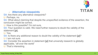 Project Plenary meeting_10 May 2023
Project Plenary meeting_10 May 2023
○ Alternative viewpoints
SA: Are there any alternative viewpoints?
U: Perhaps, no.
SA: What about claiming that despite the unspecified evidence of the assertion, the
conclusion might be correct.
U: How is this possible? I'm not sure.
SA: Your question is valid. We need further reasons to doubt the validity of the
statement [p].
U: Yes.
SA: Is there any additional reason to doubt the validity of the statement [p]?
U: I am not sure.
SA: Consider the assertion in statement [p] that university research is globally
applicable, “all over the world”
U: That’s interesting.
28
 