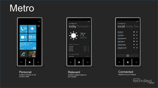 Metro (Windows Phone 7 look)Implementado com base em Styles e Templates colocados em Resources no XAMLRecursos:Windows Phone 7 Series UI Design & Interaction Guidehttp://windowsteamblog.com/blogs/wpdev/archive/2010/03/18/windows-phone-7-series-ui-design-amp-interaction-guide.aspxApplication Bar Icons for Windows Phone 7 Serieshttp://www.microsoft.com/downloads/details.aspx?displaylang=en&FamilyID=369b20f7-9d30-4cff-8a1b-f80901b2da93Interface de Utilizador