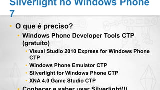 Silverlight no Windows Phone 7Interface de UtilizadorImplementação e IntegraçãoAgenda