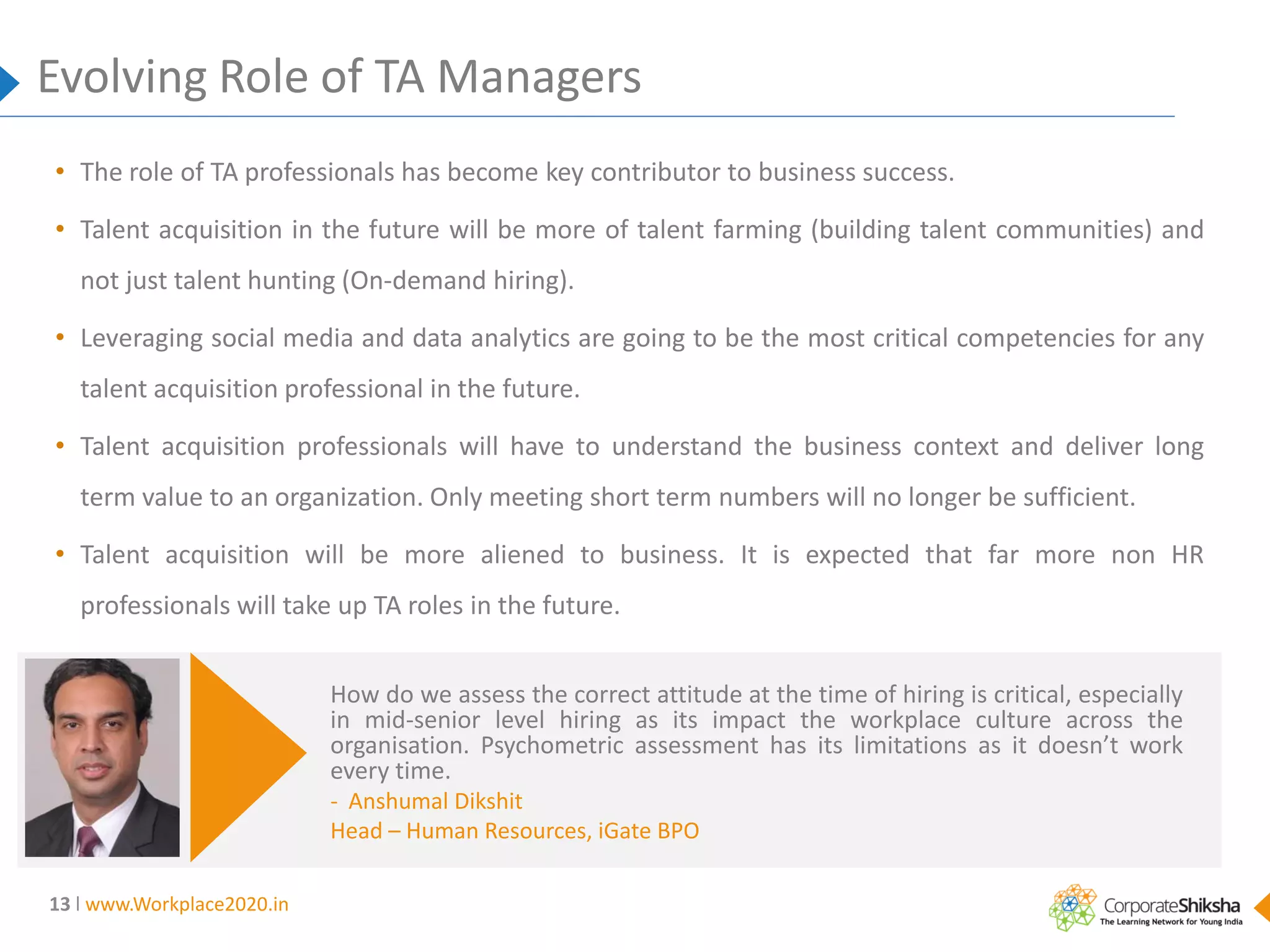 Evolving Role of TA Managers
• The role of TA professionals has become key contributor to business success.
• Talent acquisition in the future will be more of talent farming (building talent communities) and
not just talent hunting (On-demand hiring).
• Leveraging social media and data analytics are going to be the most critical competencies for any

talent acquisition professional in the future.
• Talent acquisition professionals will have to understand the business context and deliver long
term value to an organization. Only meeting short term numbers will no longer be sufficient.
• Talent acquisition will be more aliened to business. It is expected that far more non HR

professionals will take up TA roles in the future.
How do we assess the correct attitude at the time of hiring is critical, especially
in mid-senior level hiring as its impact the workplace culture across the
organisation. Psychometric assessment has its limitations as it doesn’t work
every time.
- Anshumal Dikshit
Head – Human Resources, iGate BPO
13 l www.Workplace2020.in

 