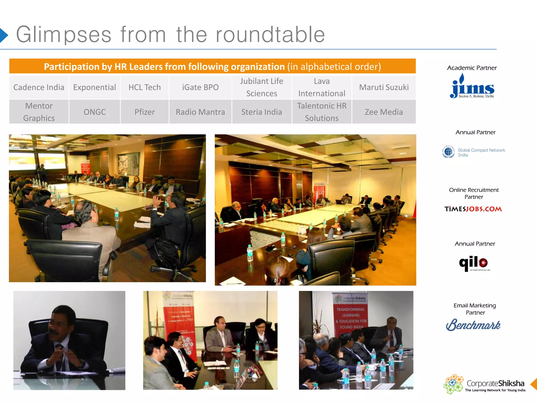 Glimpses from the roundtable
Participation by HR Leaders from following organization (in alphabetical order)
Cadence India Exponential
Mentor
Graphics

ONGC

HCL Tech

iGate BPO

Jubilant Life
Sciences

Pfizer

Radio Mantra

Steria India

Lava
International
Talentonic HR
Solutions

Maruti Suzuki
Zee Media

 