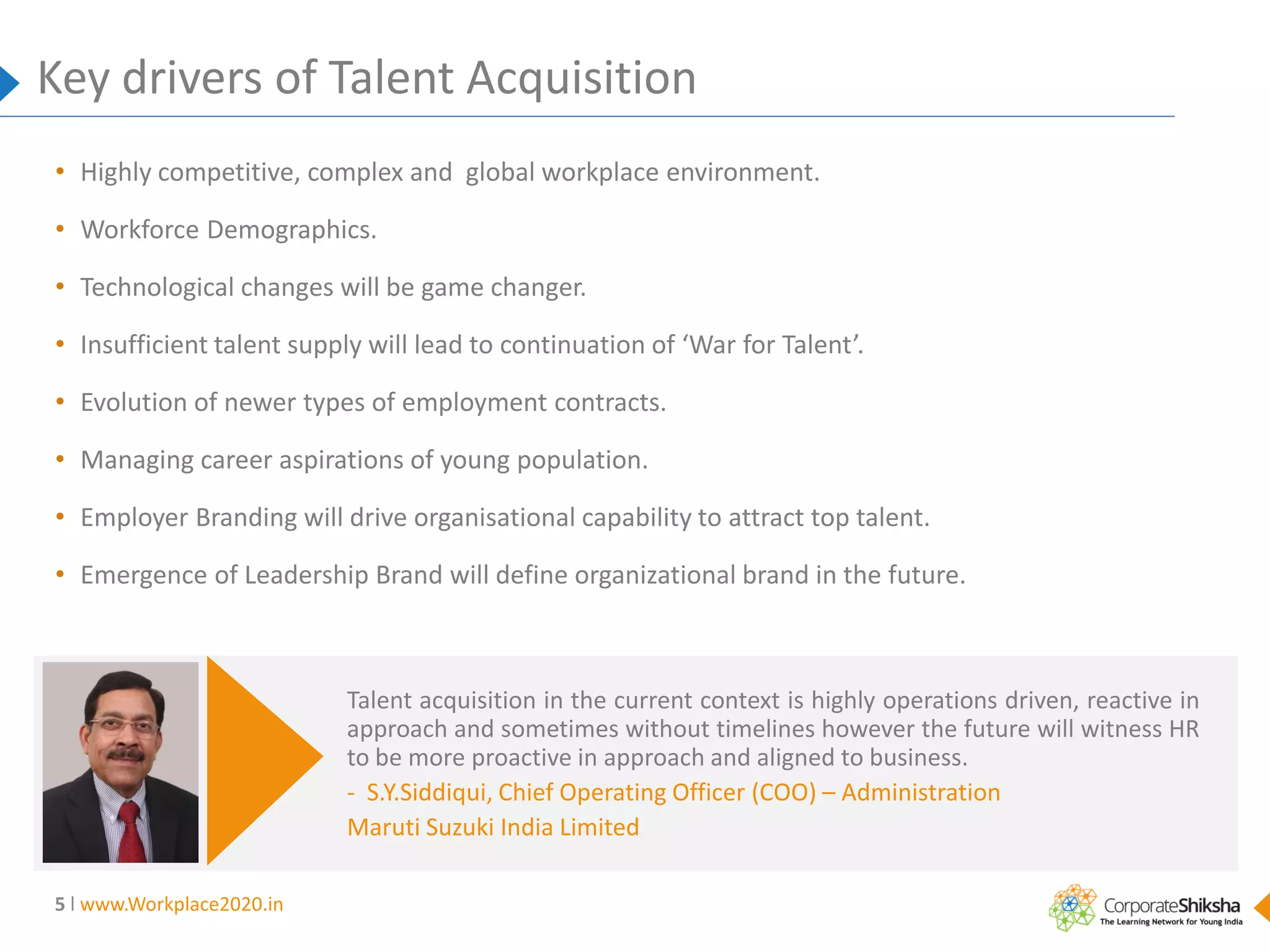 Key drivers of Talent Acquisition
• Highly competitive, complex and global workplace environment.
• Workforce Demographics.
• Technological changes will be game changer.
• Insufficient talent supply will lead to continuation of ‘War for Talent’.

• Evolution of newer types of employment contracts.
• Managing career aspirations of young population.
• Employer Branding will drive organisational capability to attract top talent.
• Emergence of Leadership Brand will define organizational brand in the future.

Talent acquisition in the current context is highly operations driven, reactive in
approach and sometimes without timelines however the future will witness HR
to be more proactive in approach and aligned to business.
- S.Y.Siddiqui, Chief Operating Officer (COO) – Administration
Maruti Suzuki India Limited
5 l www.Workplace2020.in

 