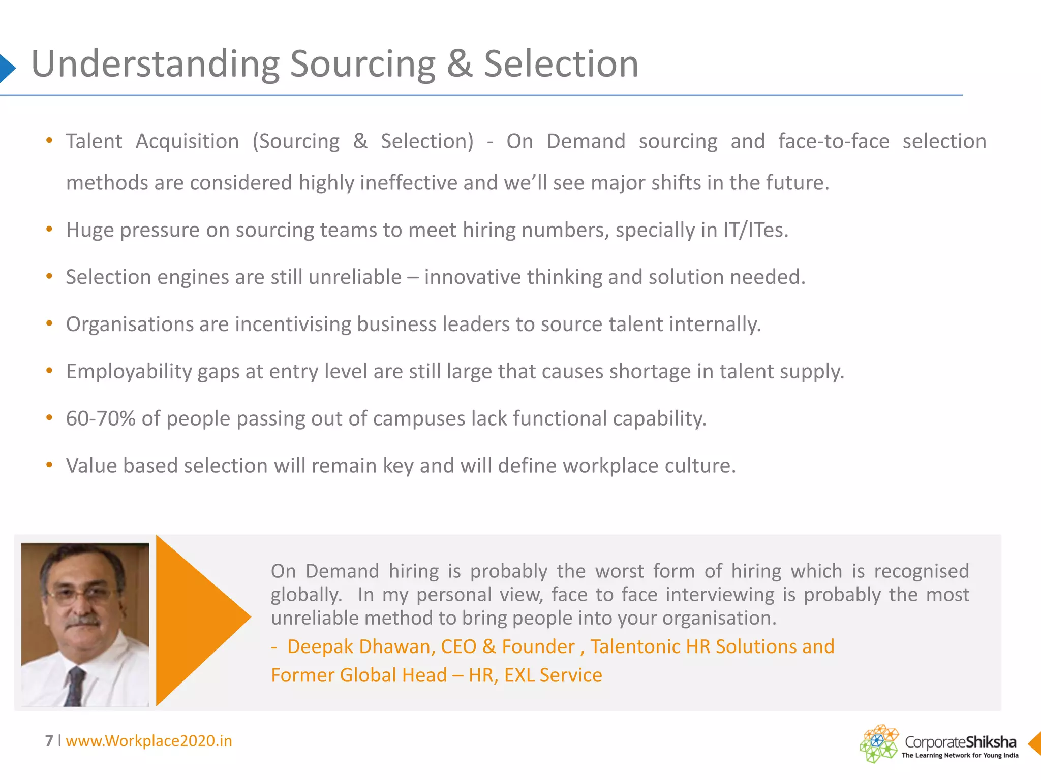 Understanding Sourcing & Selection
• Talent Acquisition (Sourcing & Selection) - On Demand sourcing and face-to-face selection
methods are considered highly ineffective and we’ll see major shifts in the future.
• Huge pressure on sourcing teams to meet hiring numbers, specially in IT/ITes.
• Selection engines are still unreliable – innovative thinking and solution needed.

• Organisations are incentivising business leaders to source talent internally.
• Employability gaps at entry level are still large that causes shortage in talent supply.
• 60-70% of people passing out of campuses lack functional capability.
• Value based selection will remain key and will define workplace culture.

On Demand hiring is probably the worst form of hiring which is recognised
globally. In my personal view, face to face interviewing is probably the most
unreliable method to bring people into your organisation.
- Deepak Dhawan, CEO & Founder , Talentonic HR Solutions and
Former Global Head – HR, EXL Service
7 l www.Workplace2020.in

 