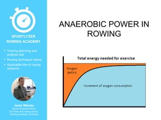 SPORTLYZER
ROWING ACADEMY
 Training planning and
analysis tips
 Rowing technique videos
 Applicable bits of rowing
research

Jarek Mäestu
Sports Scientist (PhD),
Ex rower and rowing coach,
Rowing Academy Scientist

ANAEROBIC POWER IN
ROWING

 