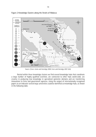 14

Figure 2 Knowledge Clusters along the Straits of Malacca




                  Source: (Evers, Gerke and Hornidge 2008; Evers and Hornidge 2007:426)


        Nested within these knowledge clusters we find several knowledge hubs that coordinate
a large number of highly qualified scientists, are connected to other hubs world-wide, are
creative in producing new knowledge in specialized epistemic domains and are transferring
innovations to firms and government agencies. Using the output of internationally recognised
papers as an indicator several large universities could be identified as knowledge hubs, as shown
in the following table.
 