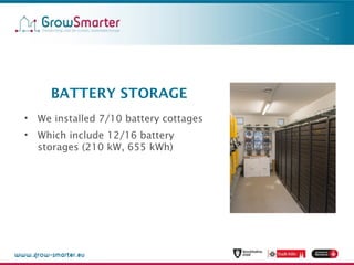 BATTERY STORAGE
• We installed 7/10 battery cottages
• Which include 12/16 battery
storages (210 kW, 655 kWh)
 