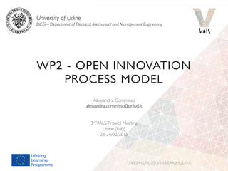 WP2 - OPEN INNOVATION
PROCESS MODEL
Alessandra Commisso
alessandra.commisso@uniud.it
3rd VALS Project Meeting
Udine (Italy)
23-24/02/2015
540054-LLP-L-2013-1-ES-ERASMUS-EKA
University of Udine
DIEG – Department of Electrical, Mechanical and Management Engineering
 