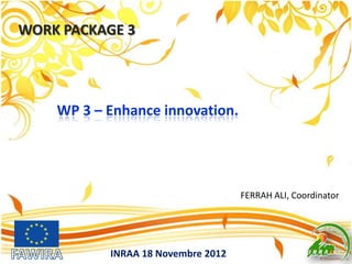 WORK PACKAGE 3
INRAA 18 Novembre 2012
FERRAH ALI, Coordinator
WP 3 – Enhance innovation.
 